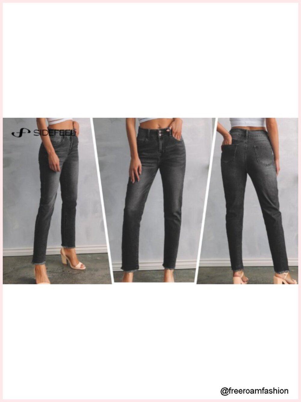 High Waisted Raw Hem Straight Leg Stretchy Denim Jeans with Pockets - Picture 6 of 6